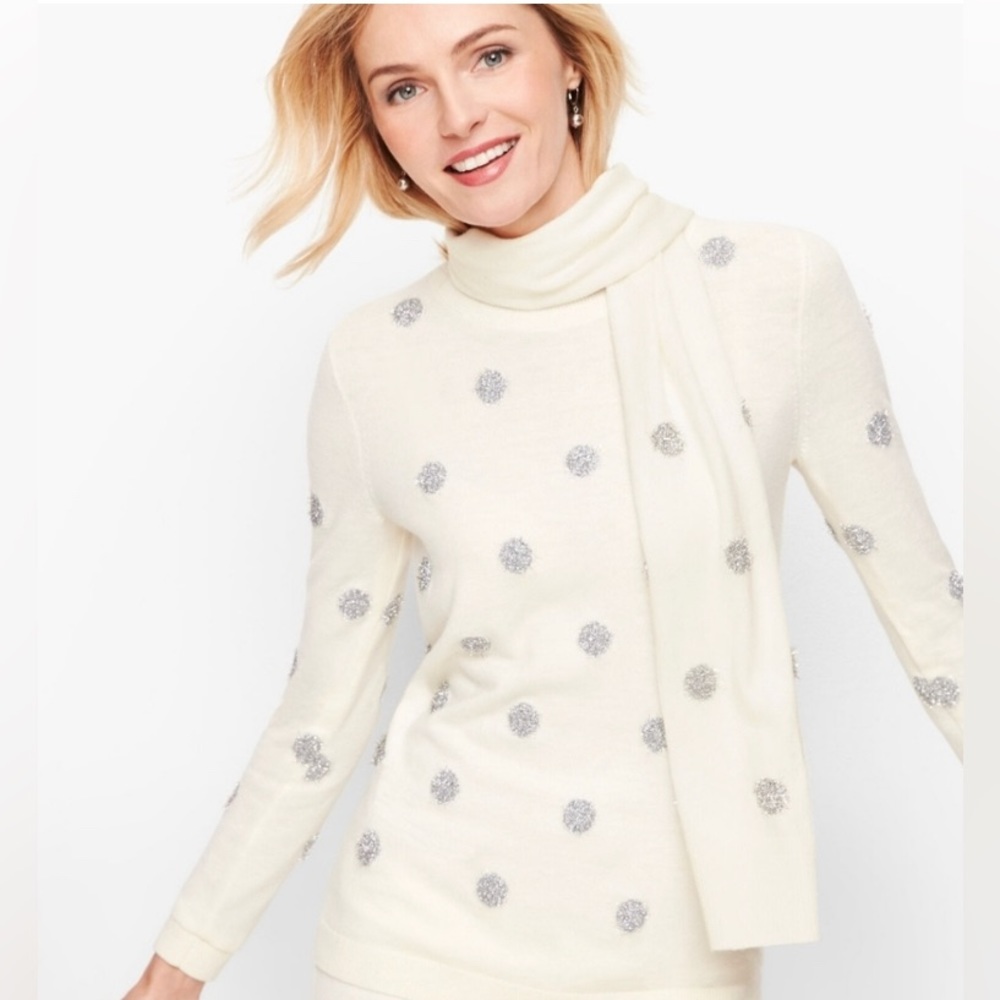 Talbots sweater XS cream off white silver tinsel dots